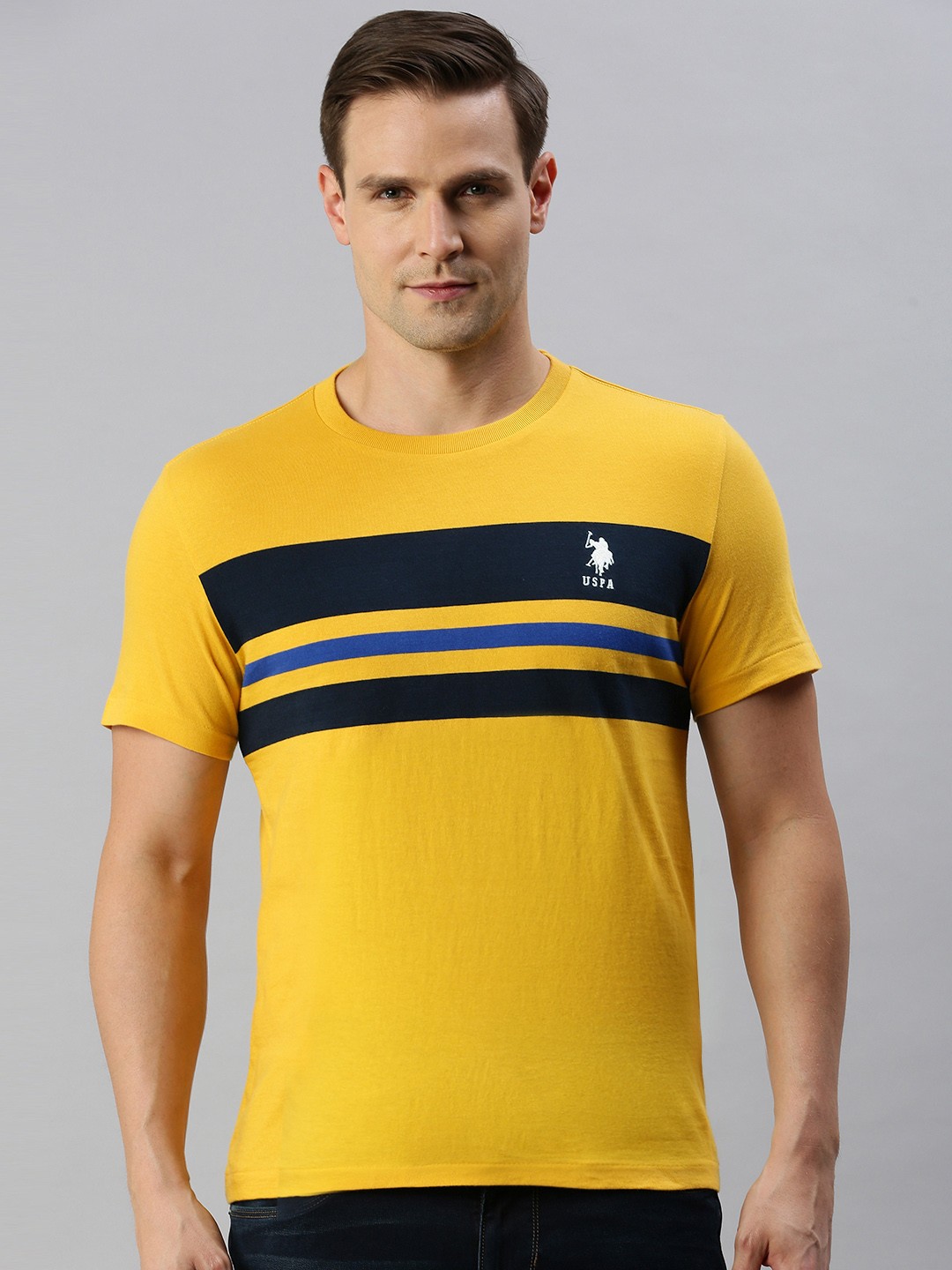 

U.S. Polo Assn. Men Mustard Yellow Black Striped Round Neck Pure Cotton T-shirt