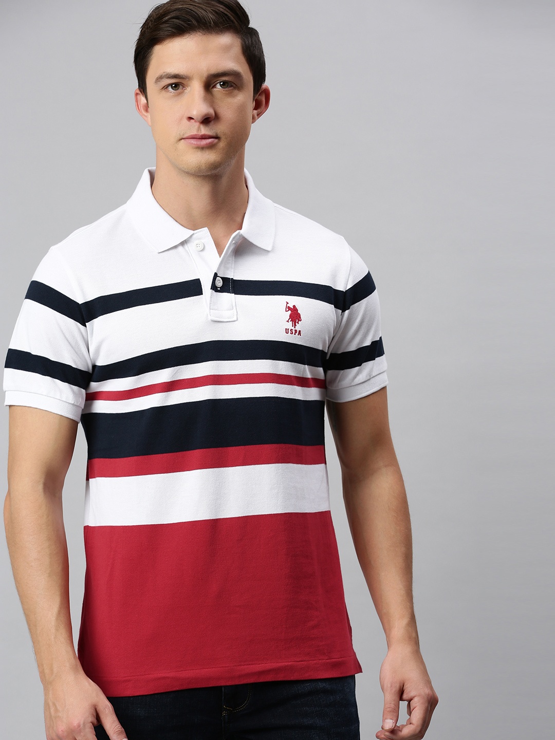 

U.S. Polo Assn. Men Black White Striped Polo Collar Pure Cotton T-shirt