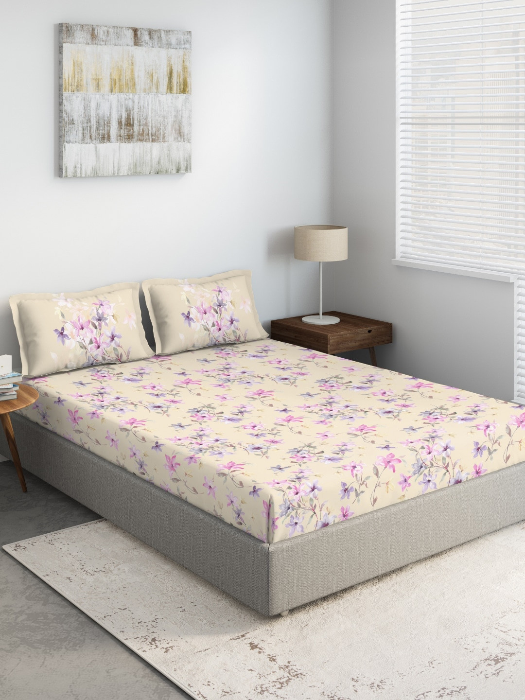 

DDecor Beige & Pink Floral 144 TC Cotton 1 Extra Large Bedsheet with 2 Pillow Covers
