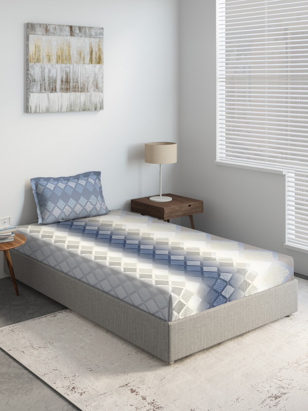 

DDecor Blue & White Geometric 144 TC Cotton 1 Single Bedsheet with 1 Pillow Covers