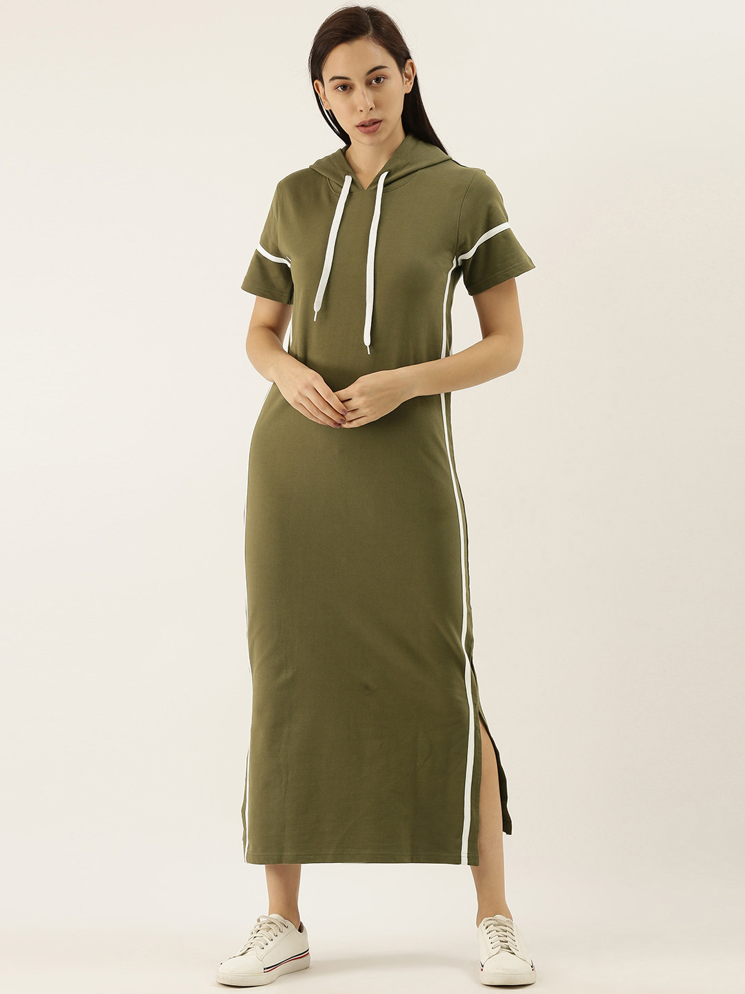 

Difference of Opinion Women Olive Green Solid Hooded Pure Cotton Sheath Dress