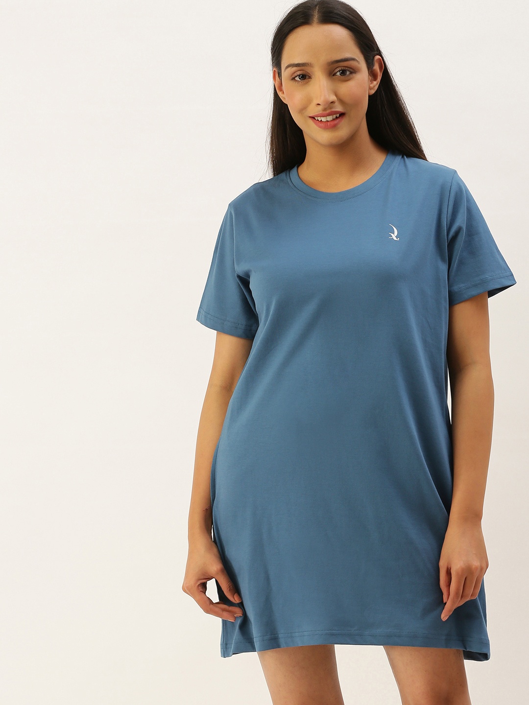 

QUARANTINE Teal Blue Pure Cotton Solid T-shirt Nightdress