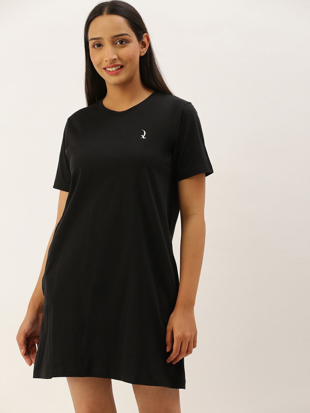 

QUARANTINE Black Pure Cotton Solid T-shirt Nightdress