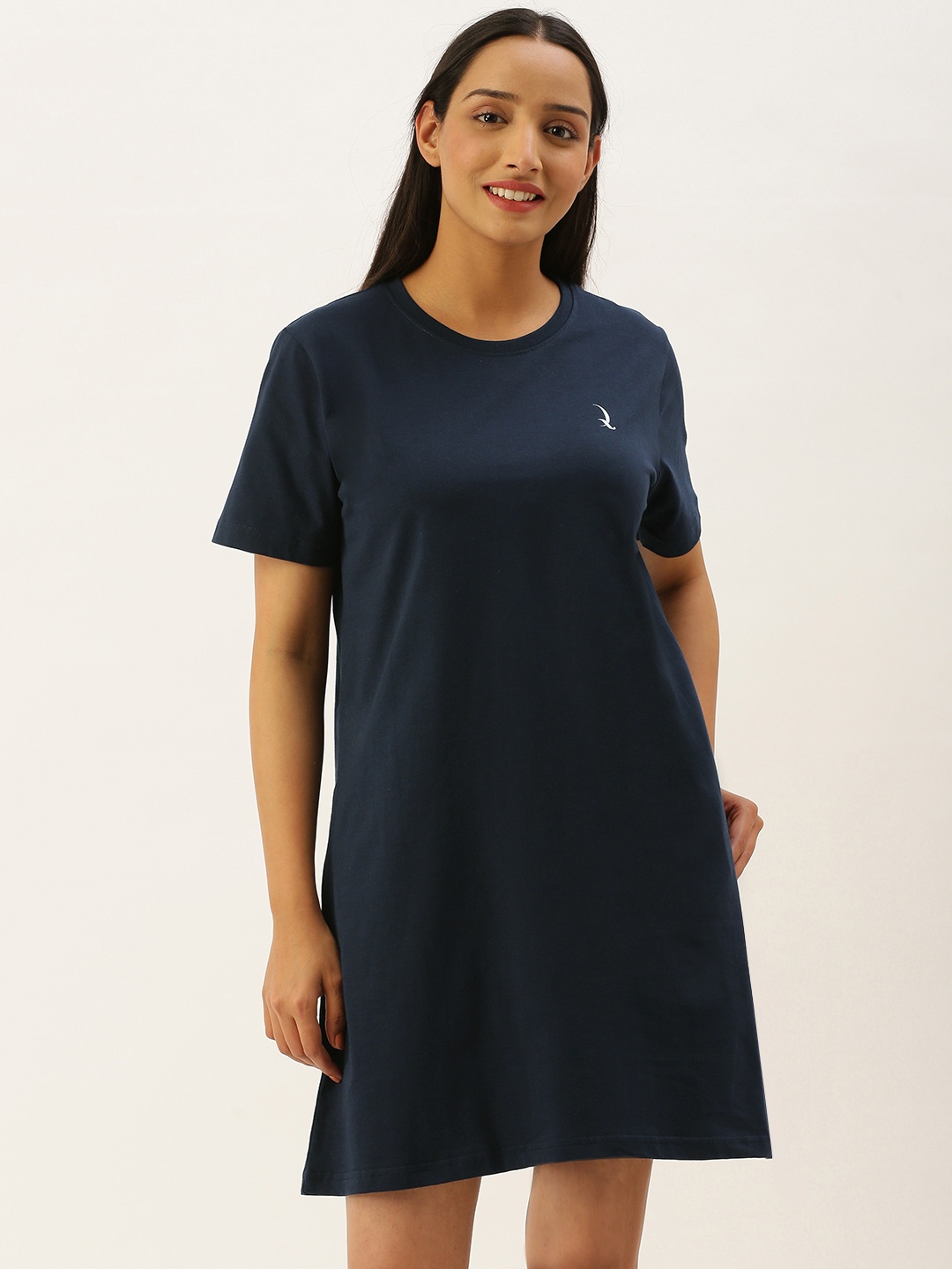 

QUARANTINE Women Navy Blue Solid Pure Cotton Nightdress