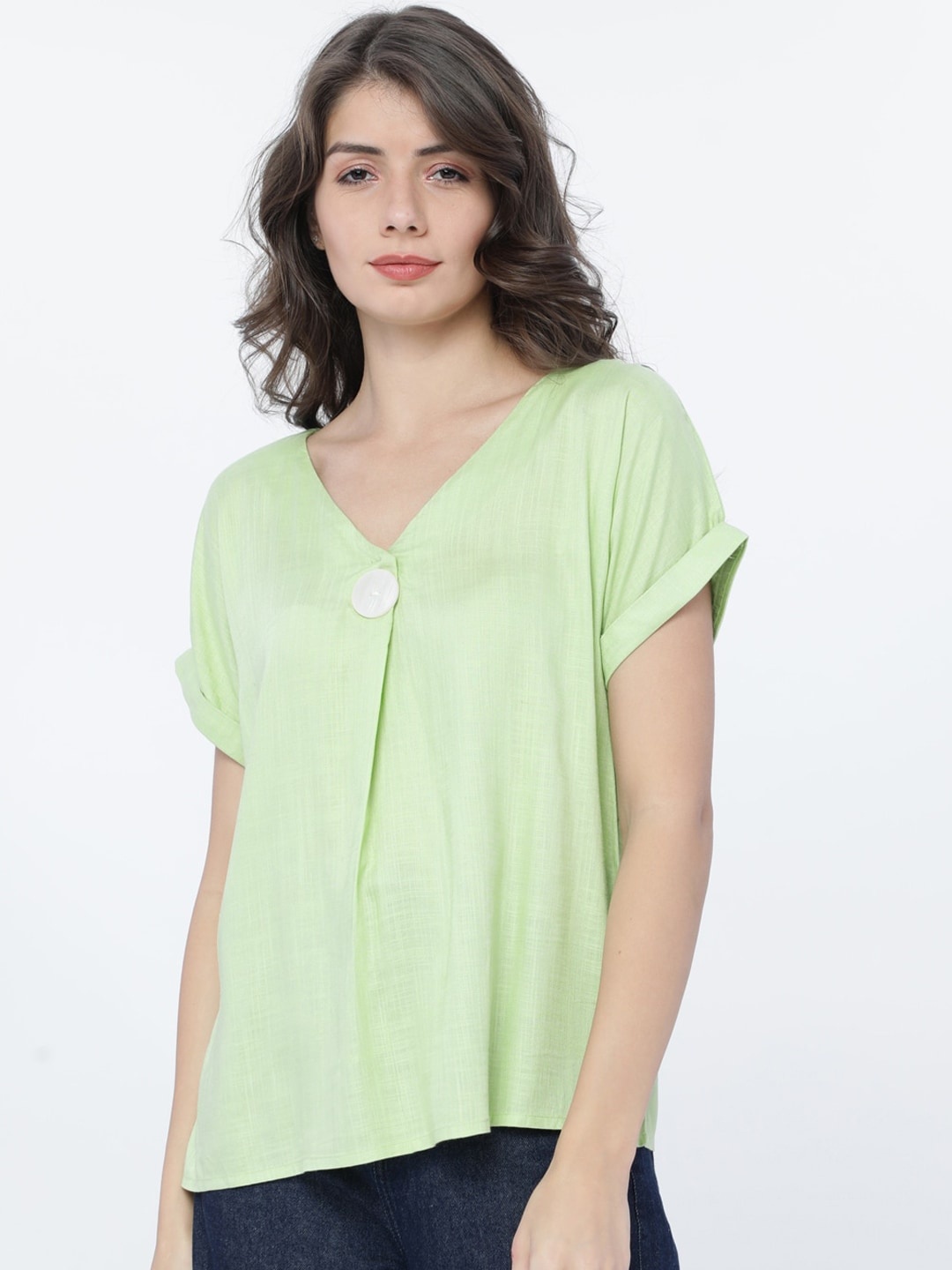 

Tokyo Talkies Women Green Solid Boxy Top