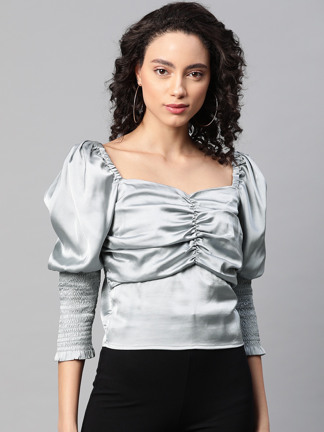 

plusS Grey Sweetheart Neck Satin Finish Puff Sleeved Empire Top