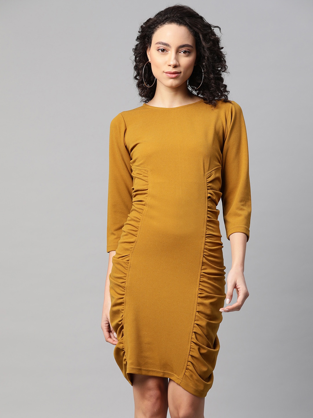 

plusS Women Mustard Yellow Knitted Solid Sheath Dress