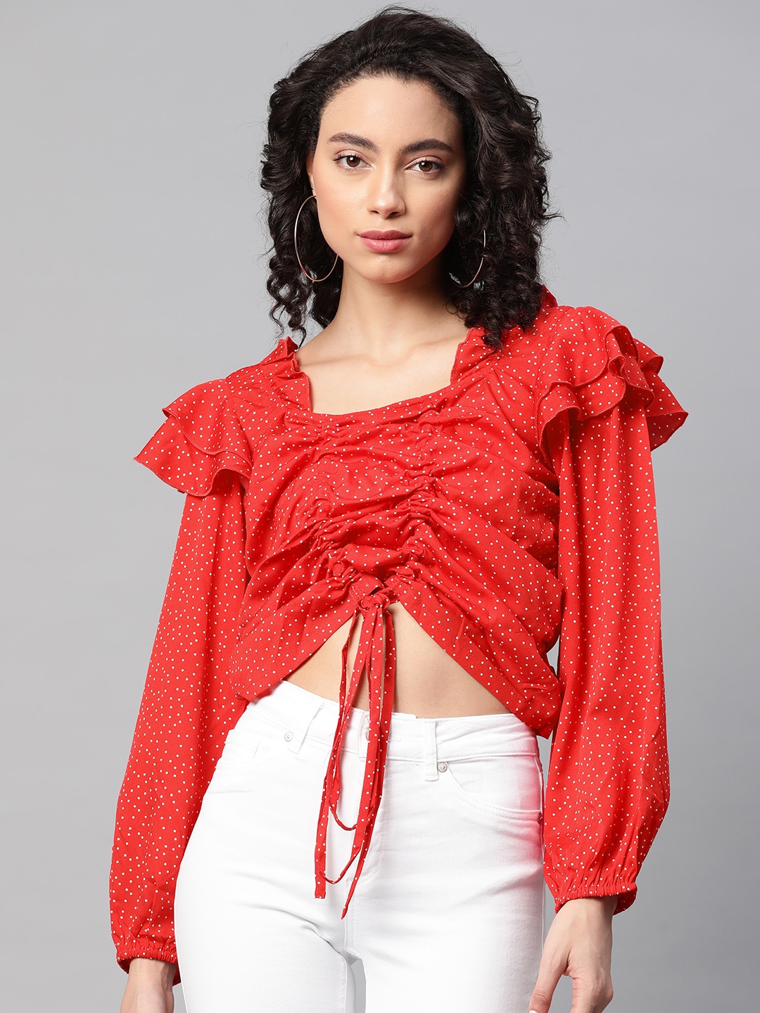 

plusS Red & White Printed Cropped Puff Sleeves Top