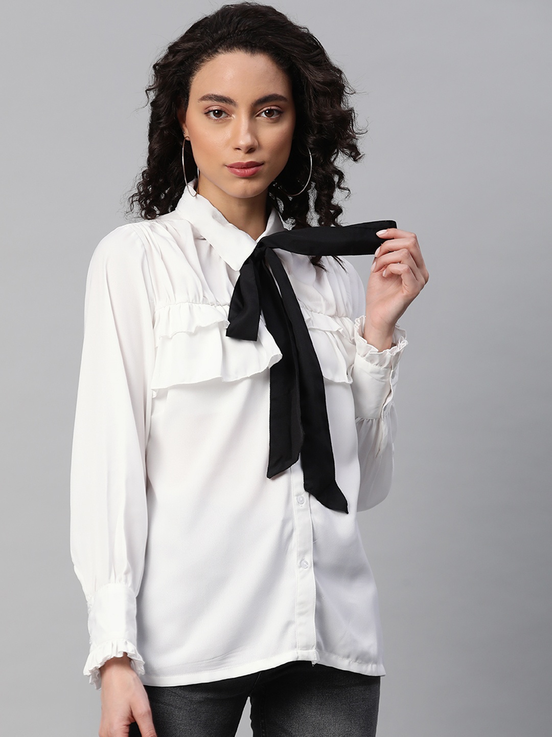 

plusS Women White & Black Regular Fit Solid Casual Shirt