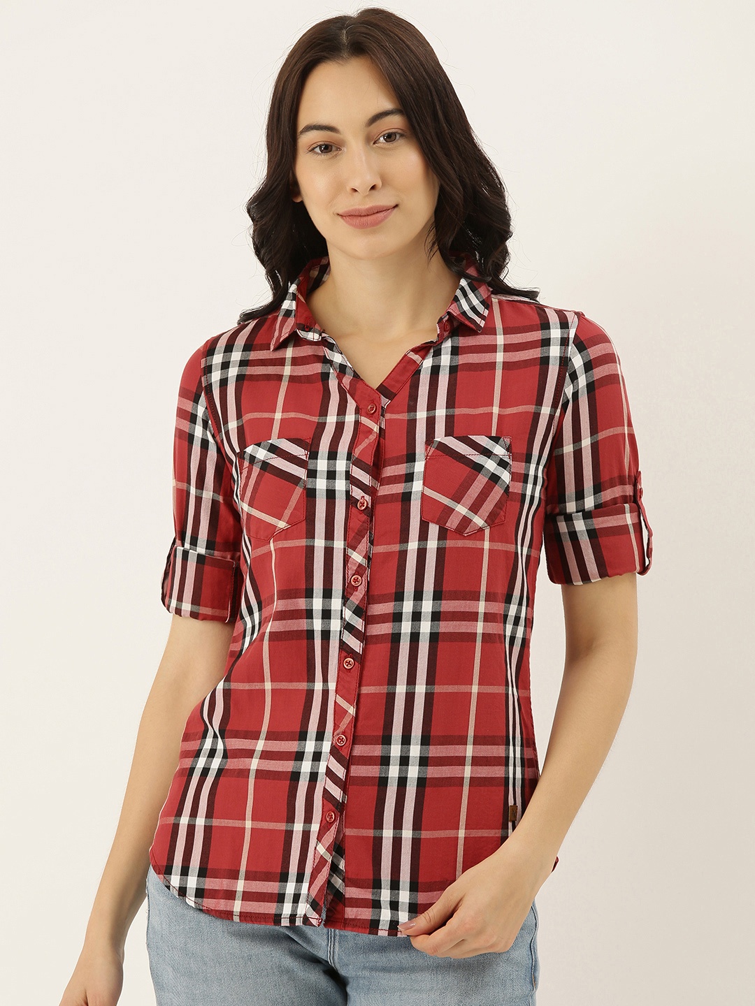 

Campus Sutra Women Red & Black Regular Fit Checked Casual Shirt