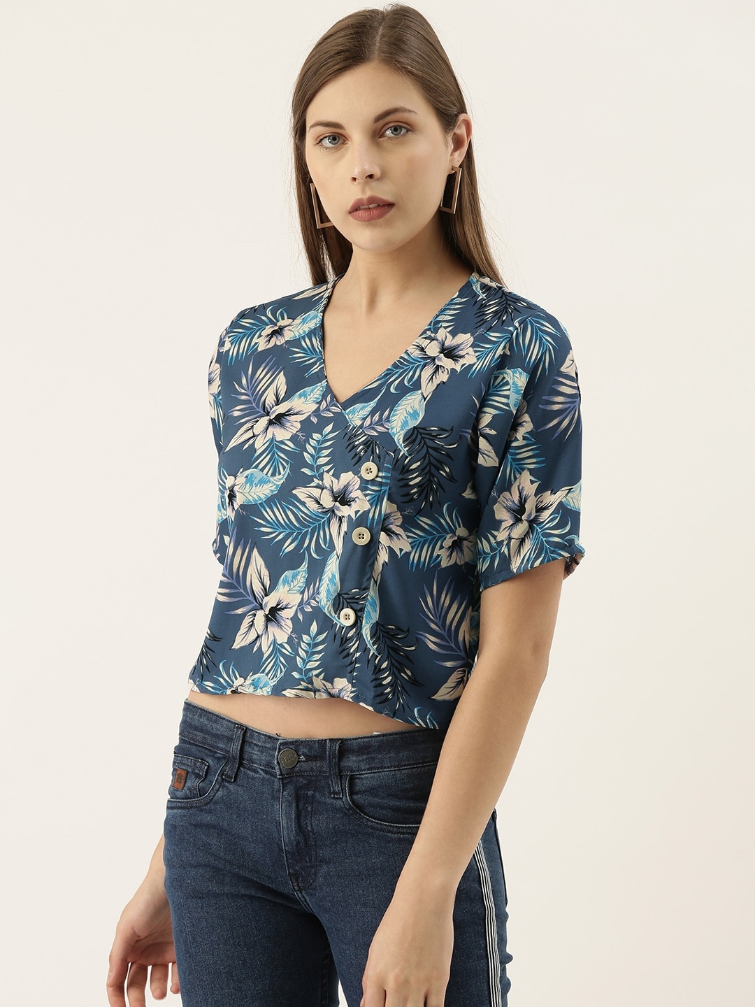 

Campus Sutra Blue Floral Printed Crop Top