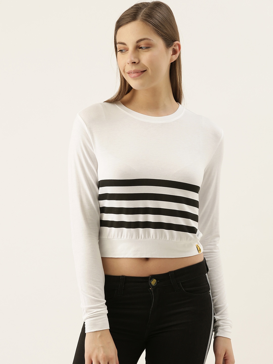 

Campus Sutra Women White & Black Striped Round Neck Crop T-shirt