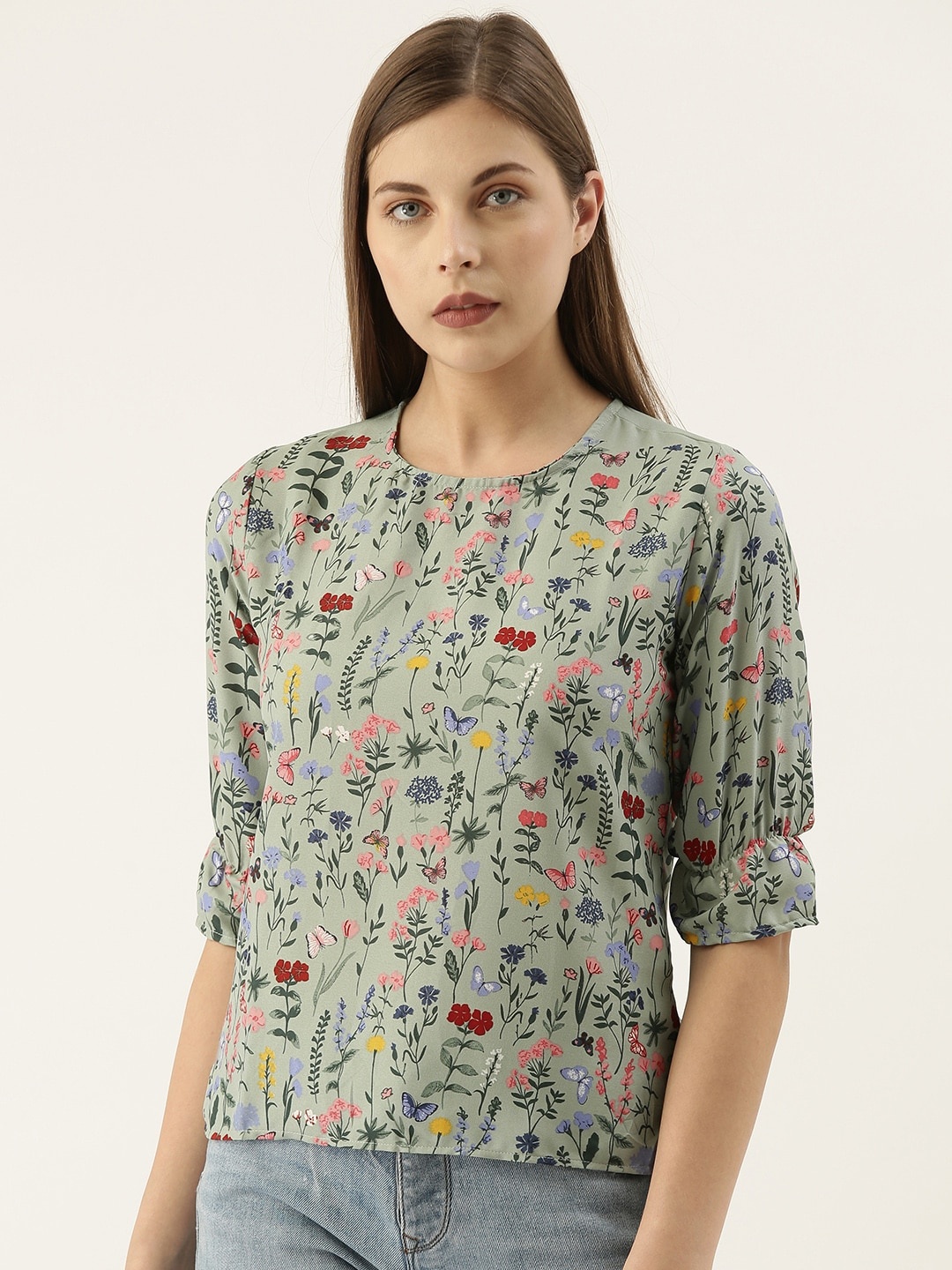 

Campus Sutra Grey Floral Printed Puff Sleeves Top