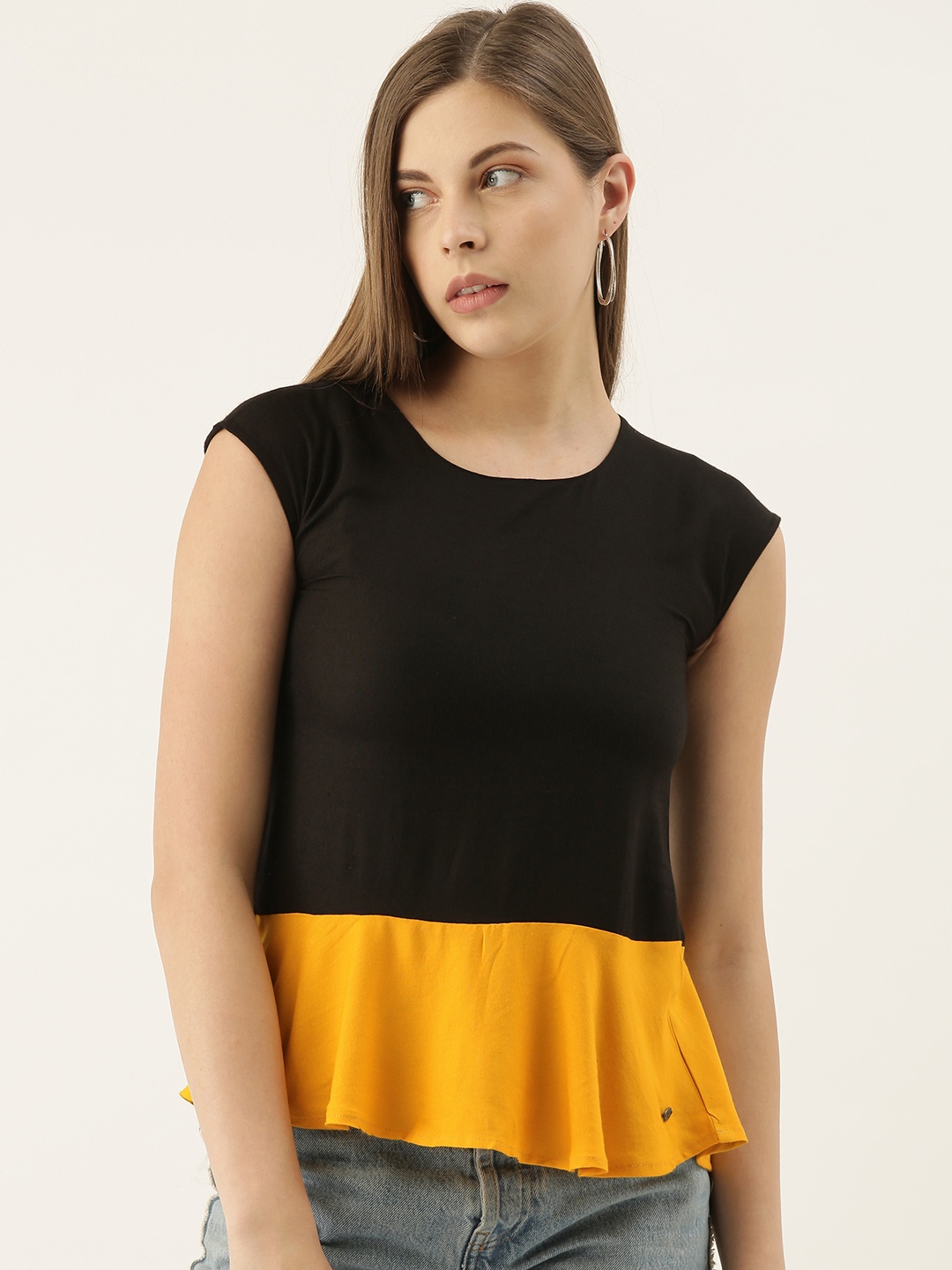 

Campus Sutra Black & Yellow Colourblocked A-Line Top