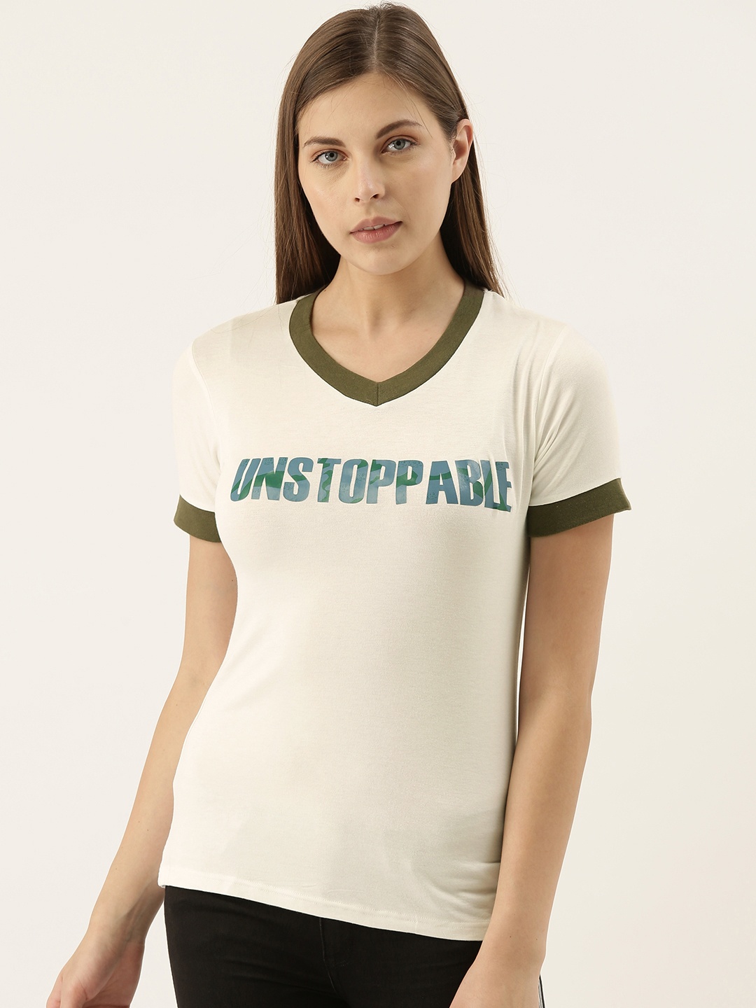 

Campus Sutra Women Off-White & Blue Typography Printed V-Neck T-shirt