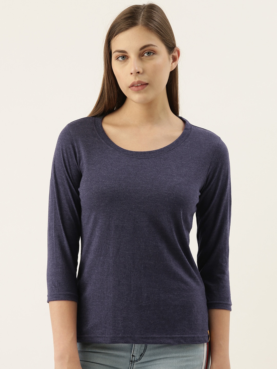 

Campus Sutra Women Navy Blue Solid Round Neck Cotton T-shirt