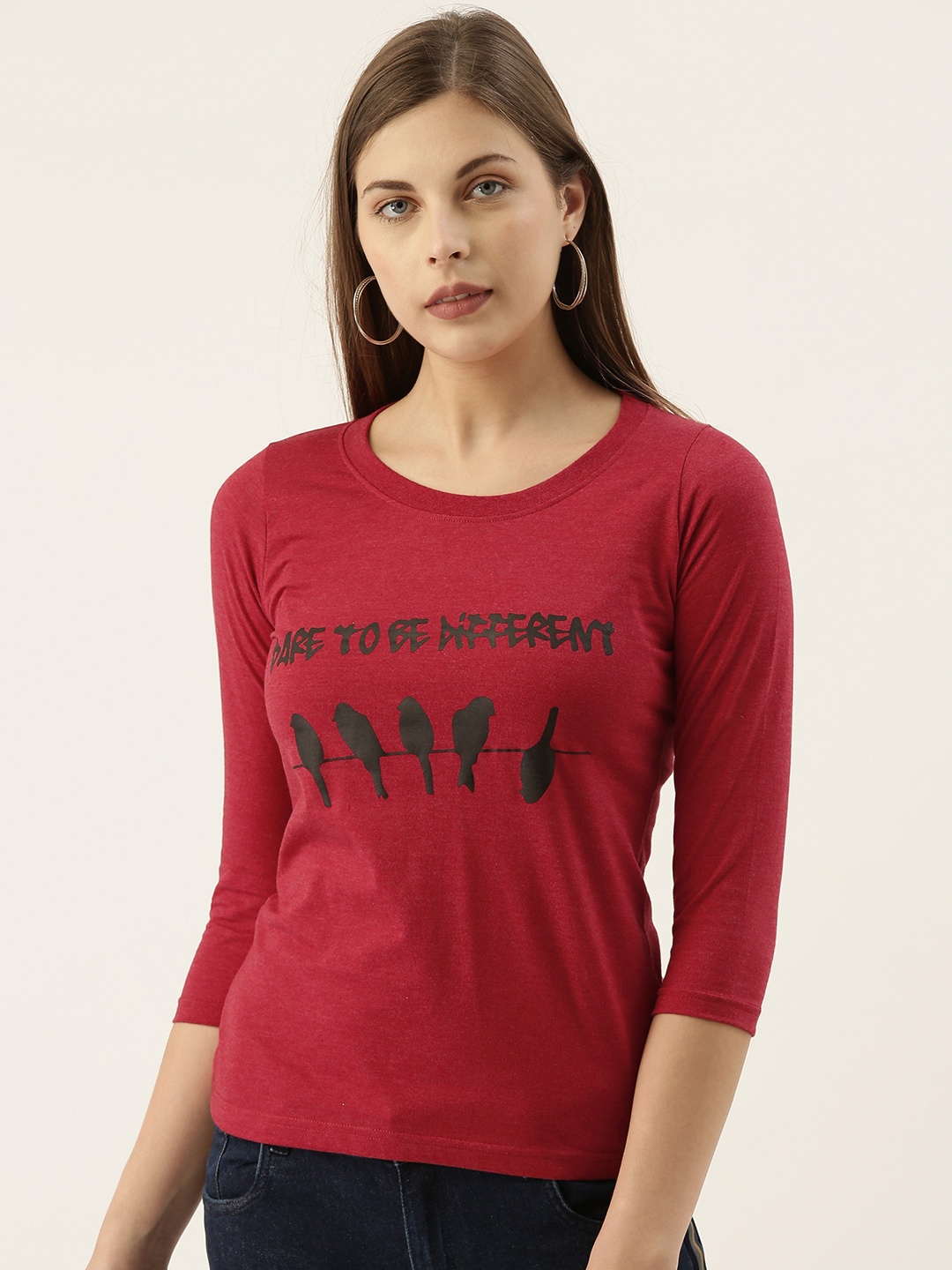 

Campus Sutra Women Maroon & Black Printed Round Neck Pure Cotton T-shirt