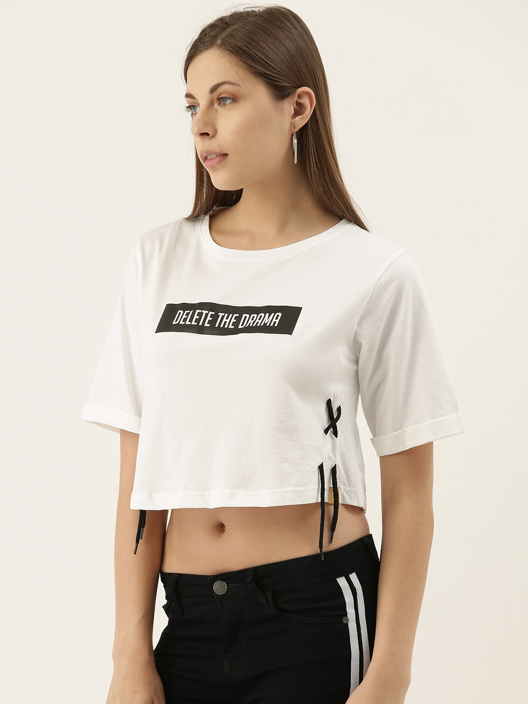 

Campus Sutra Women White Slogan Print Round Neck Crop Pure Cotton T-shirt with Lace-Up