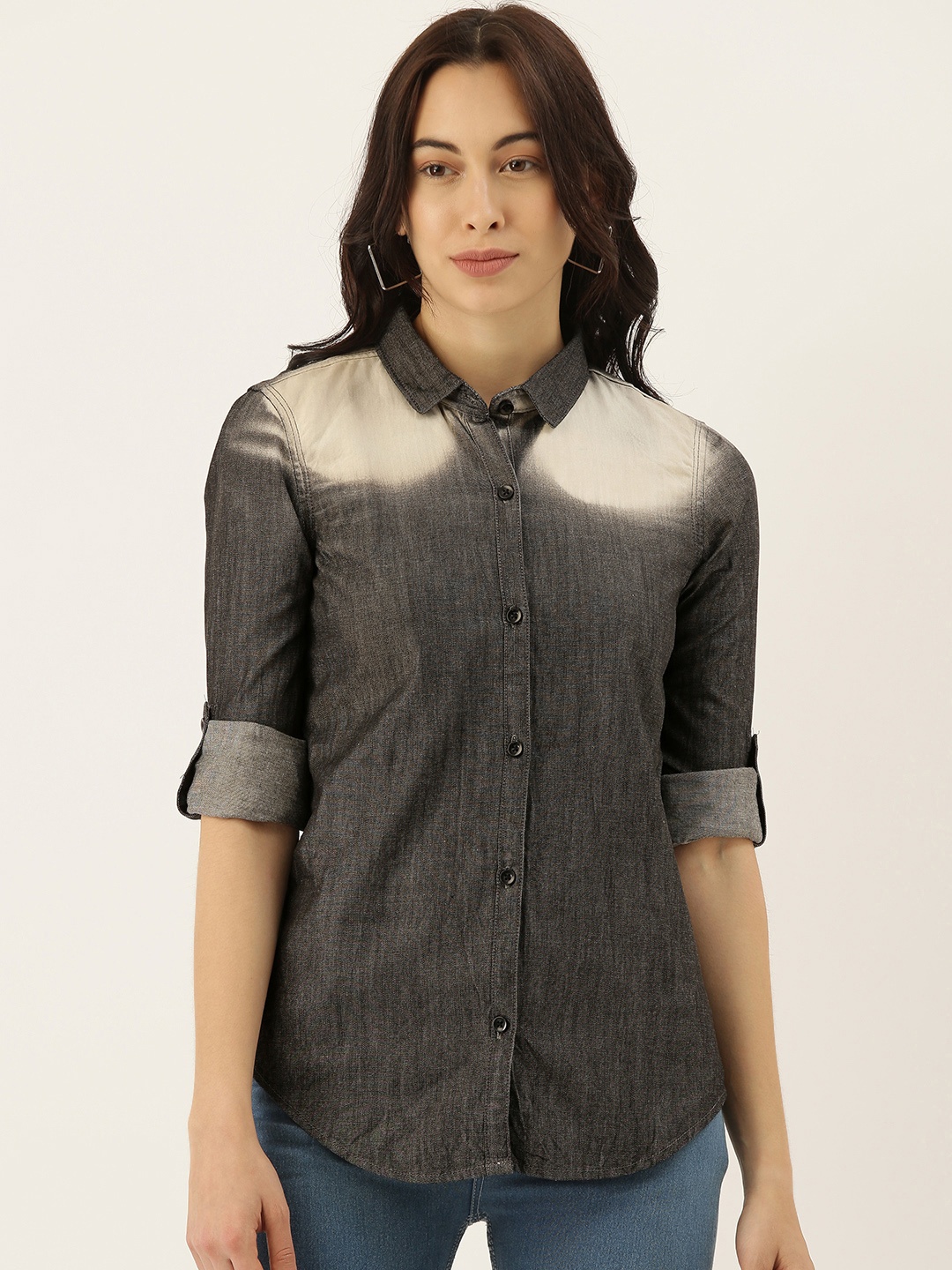 

Campus Sutra Women Charcoal & Off-White Regular Fit Faded Casual Shirt