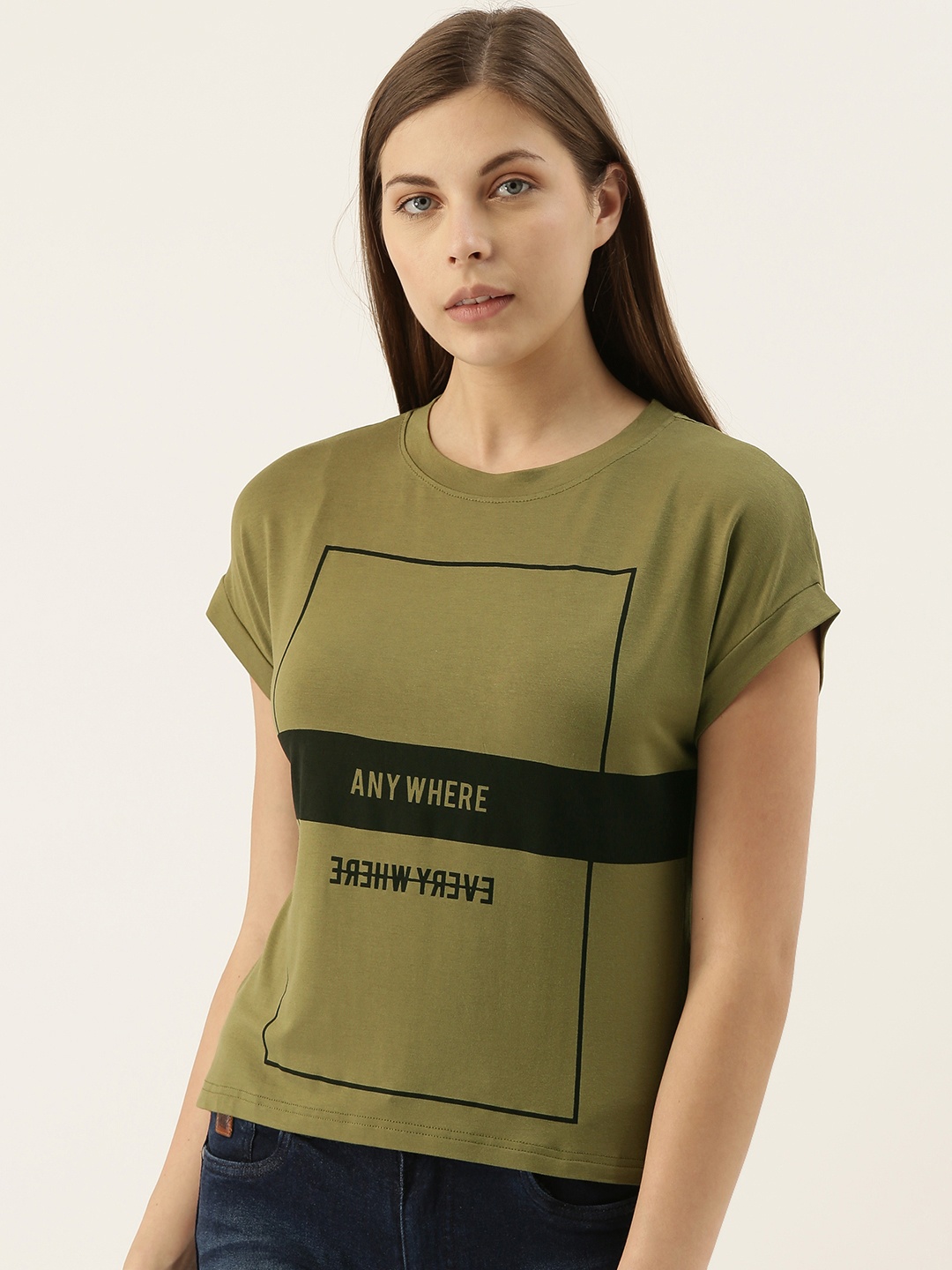 

Campus Sutra Olive Green Printed Top