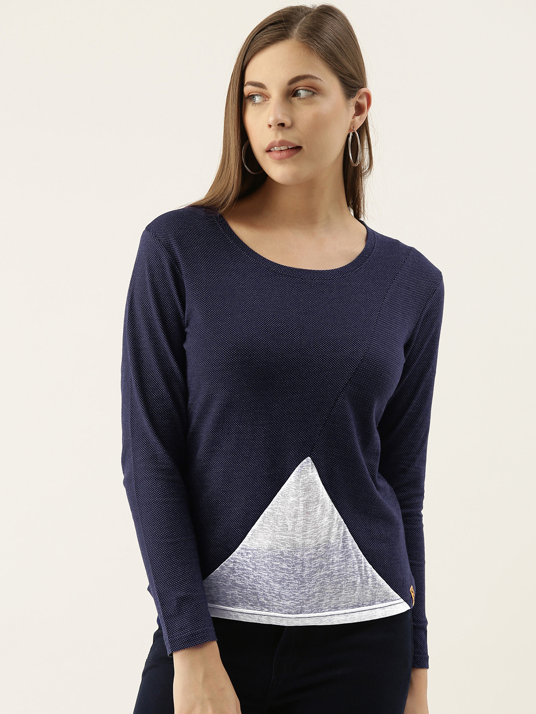 

Campus Sutra Women Navy Blue & White Colourblocked Pure Cotton Top