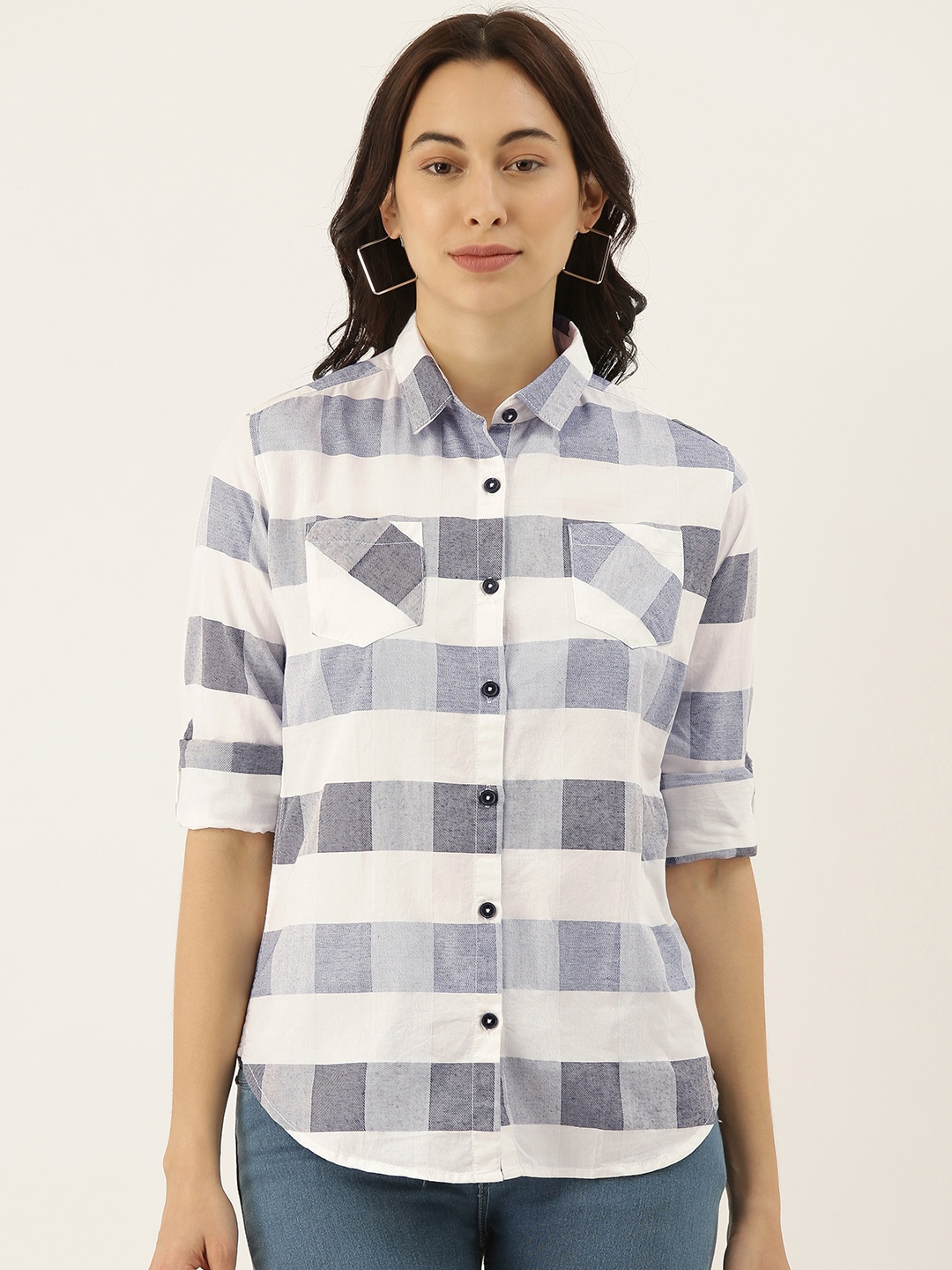 

Campus Sutra Women White & Blue Regular Fit Checked Casual Shirt