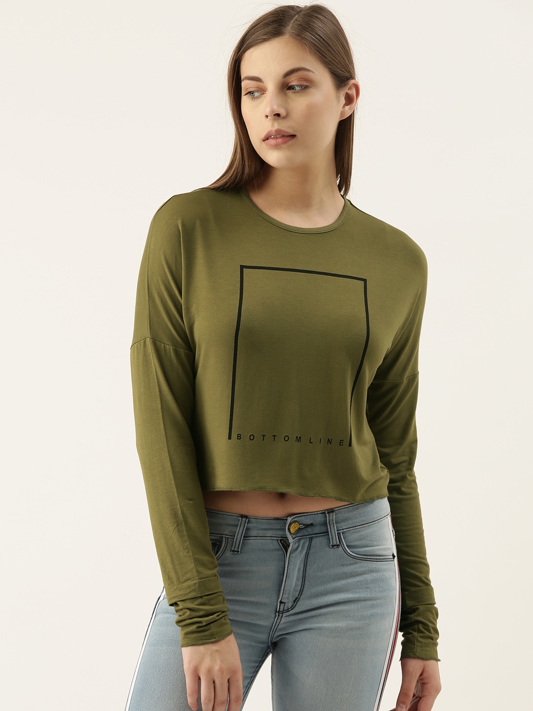 

Campus Sutra Women Olive Green Printed Round Neck Crop Pure Cotton T-shirt