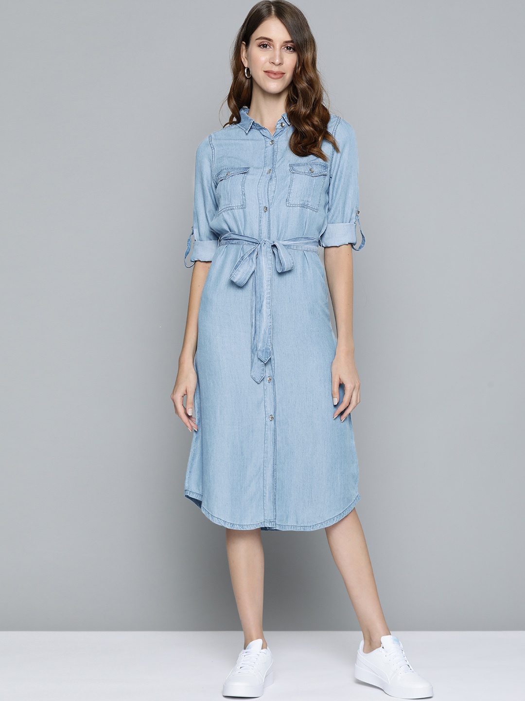 

Chemistry Blue Solid Midi Shirt Dress with Belt