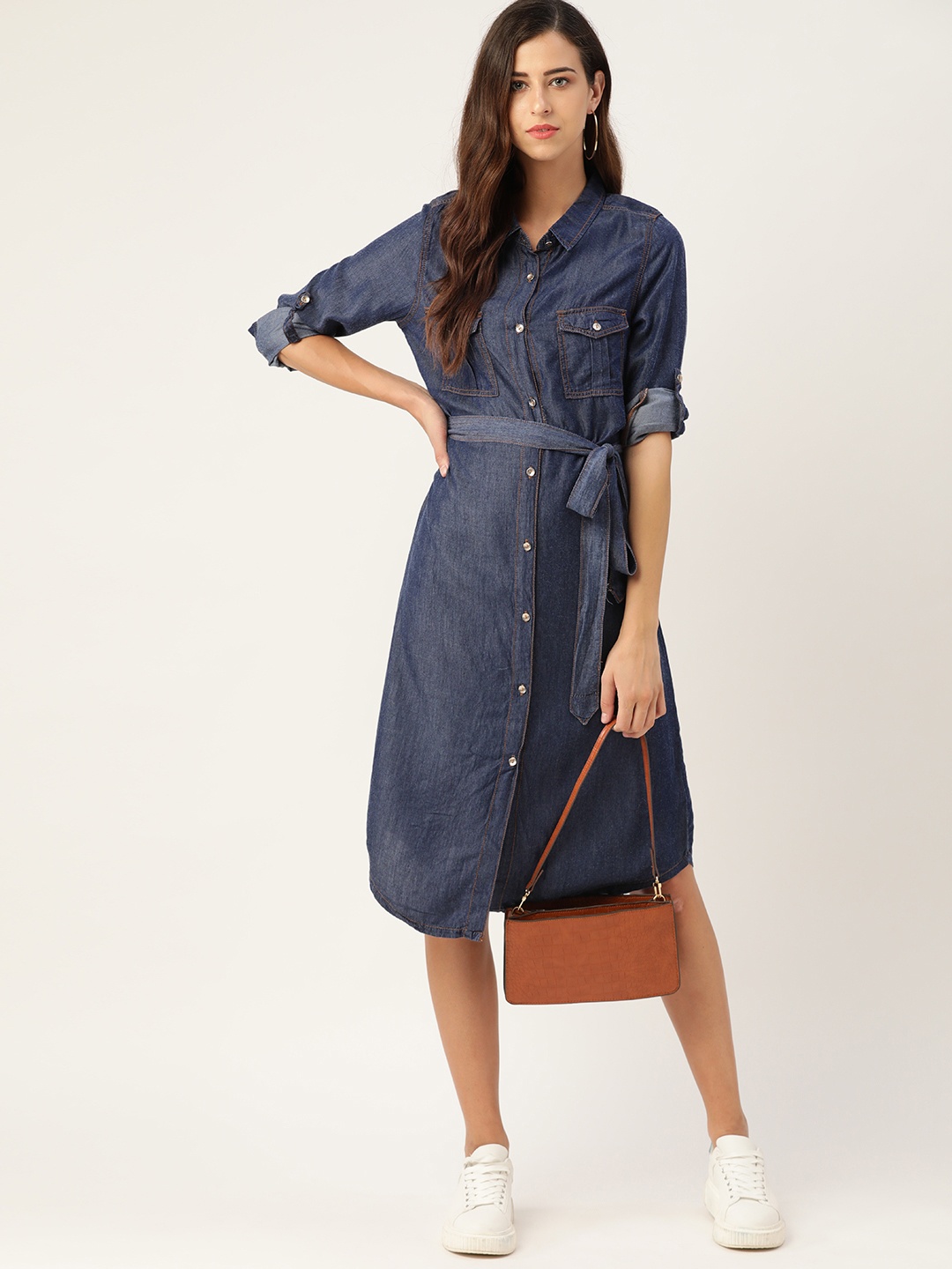 

Chemistry Women Denim Solid Shirt Midi Dress with Belt, Navy blue