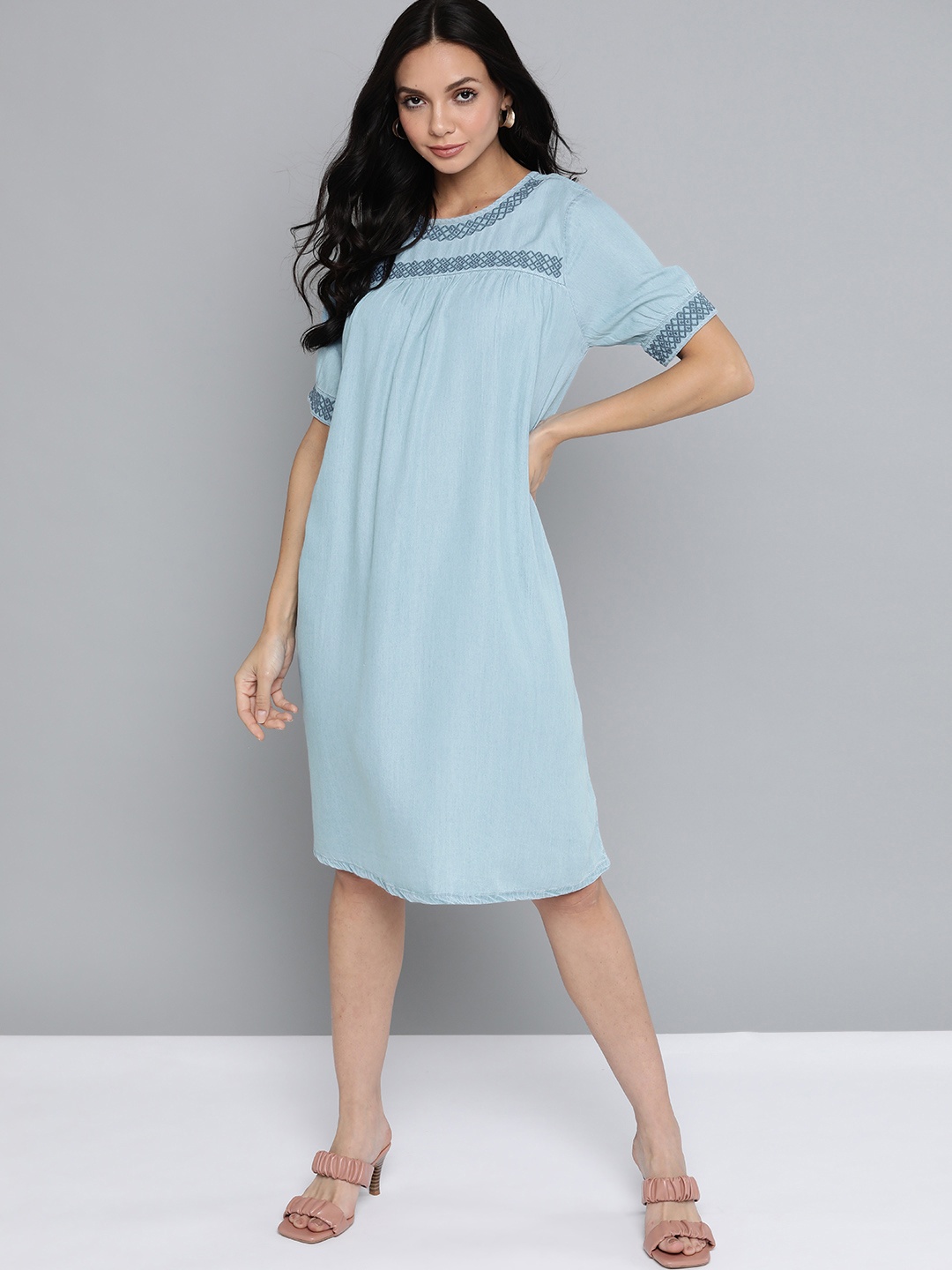 

Chemistry Blue Solid Gathered Embroidered A-Line Dress