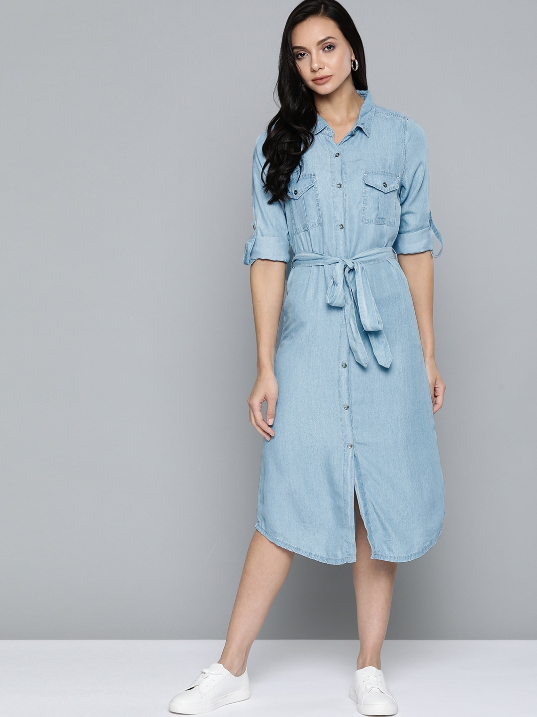 

Chemistry Blue Solid Midi Shirt Dress with Belt