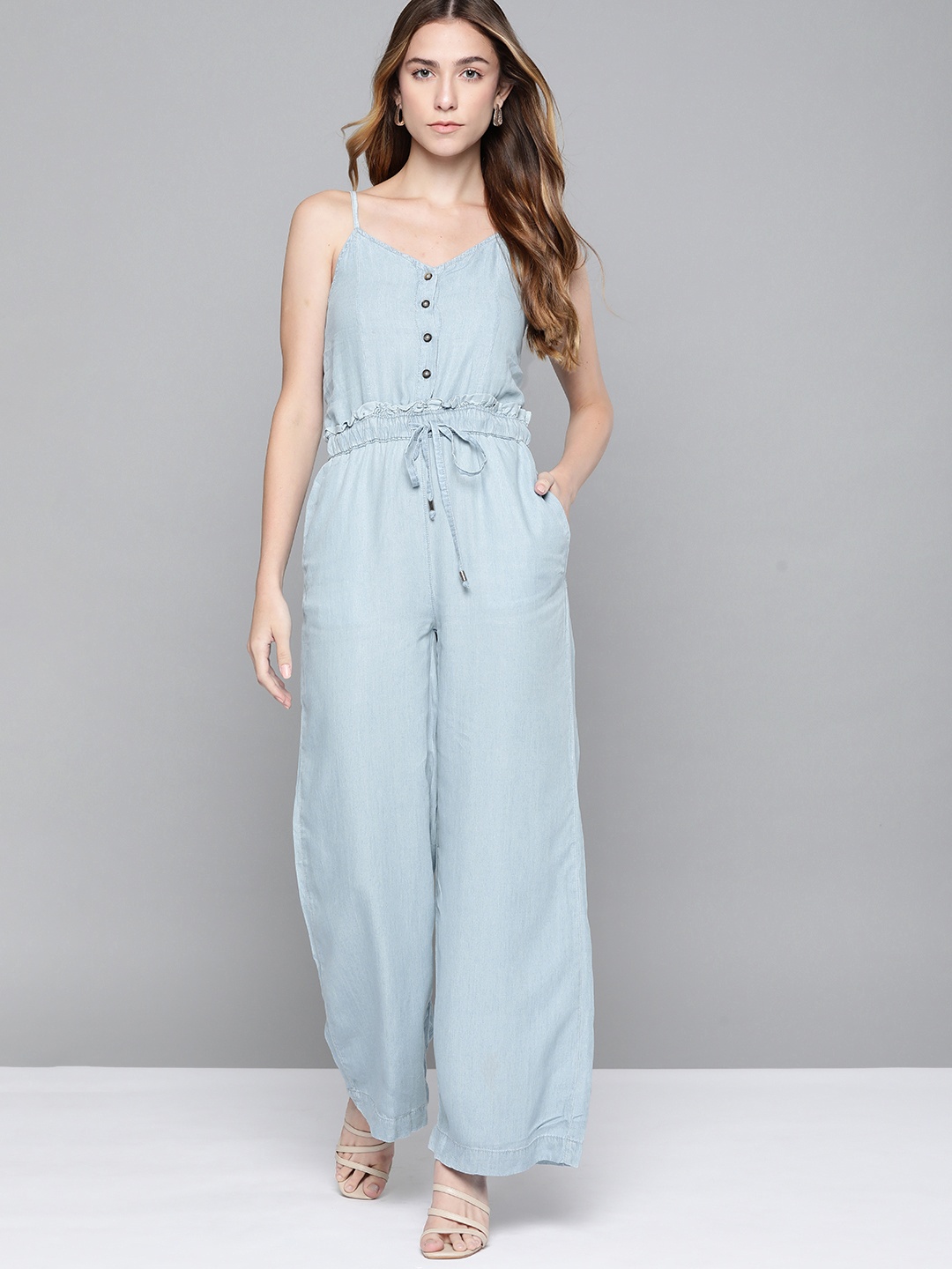 

Chemistry Blue Solid Denim Jumpsuit