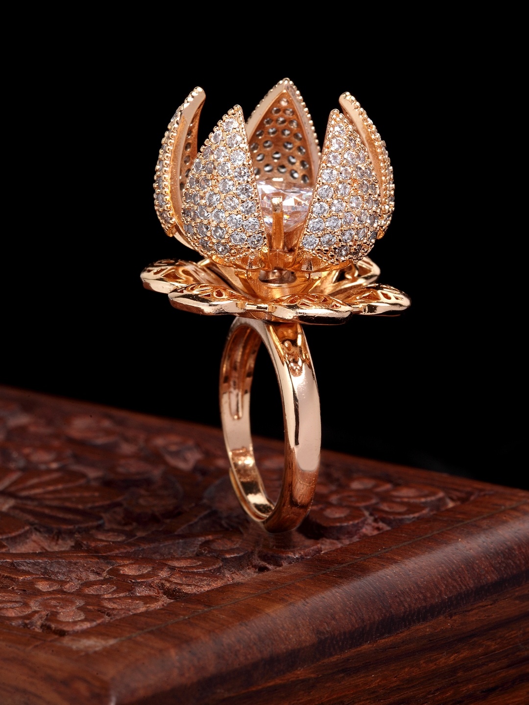

VOGUE PANASH Gold-Plated & White AD-Studded Rotating Adjustable Finger Ring