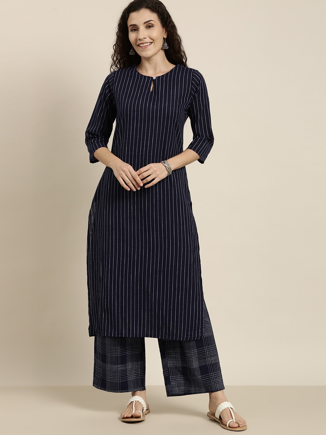 

Vishudh Women Navy Blue Striped Regular Pure Cotton Kurta with Trousers