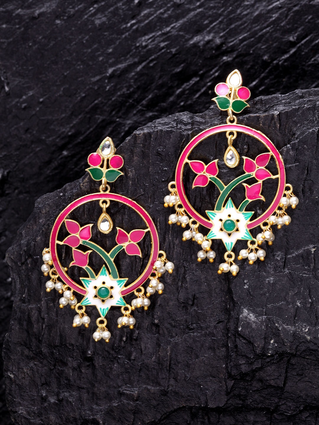 

PANASH Gold-Toned & Pink Enamelled Floral Drop Earrings