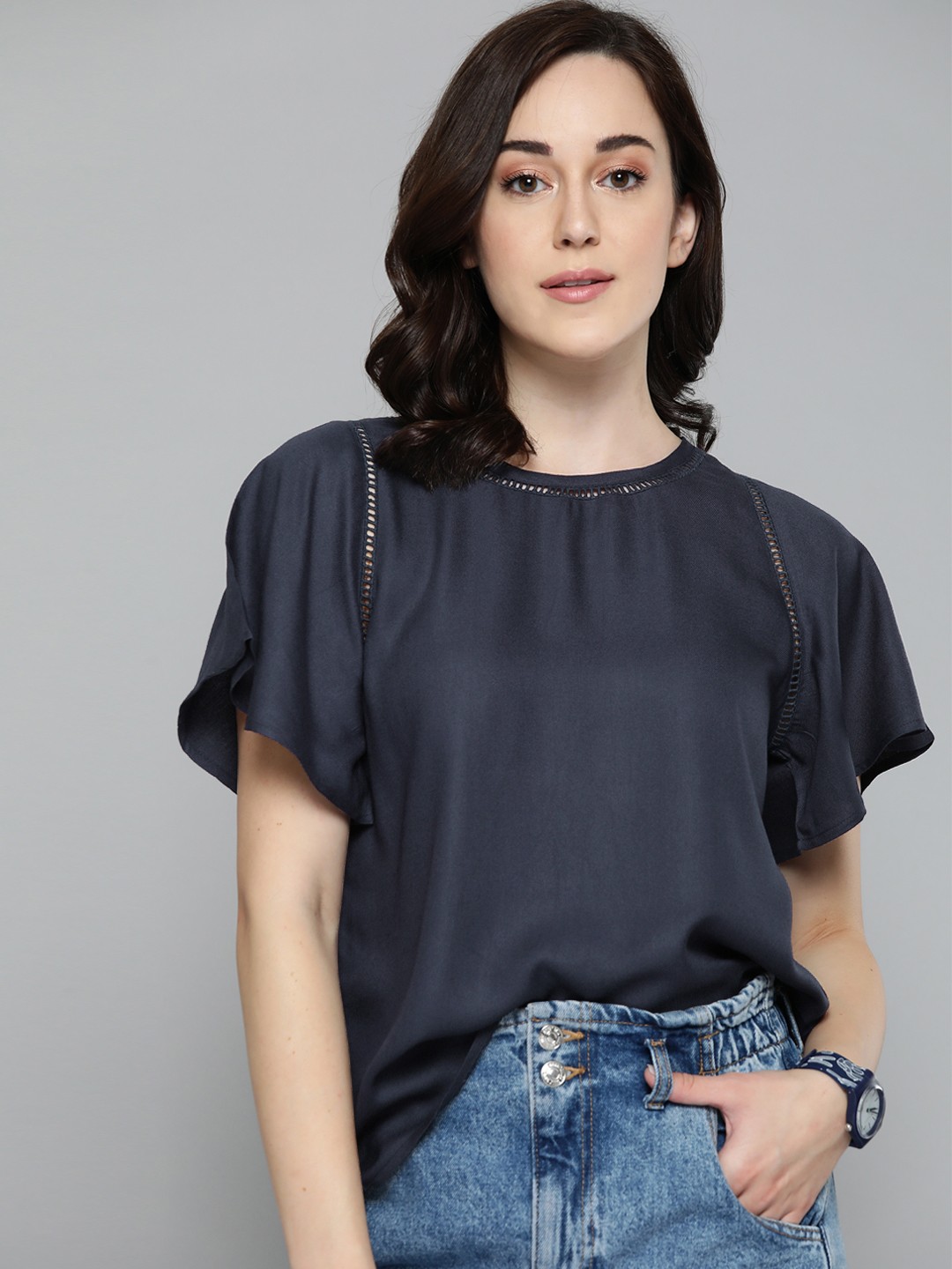 

Harvard Navy Blue Flared Sleeves Regular Top