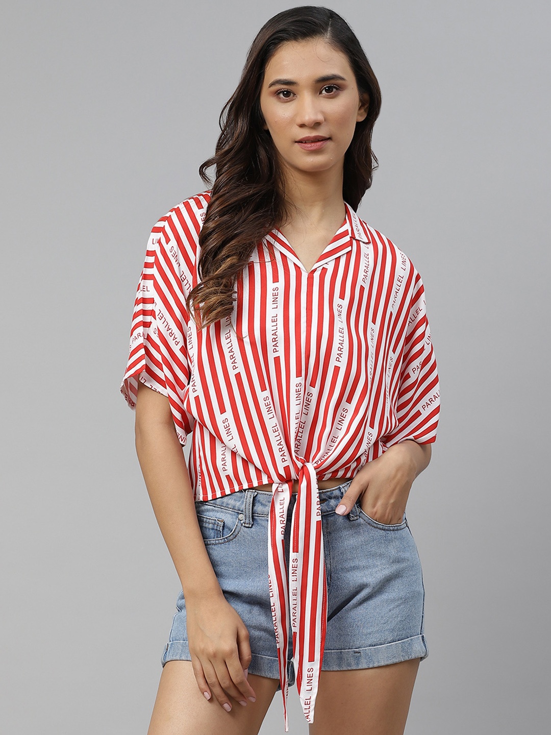 

Harvard Red & White Striped Kimono Sleeve Regular Top