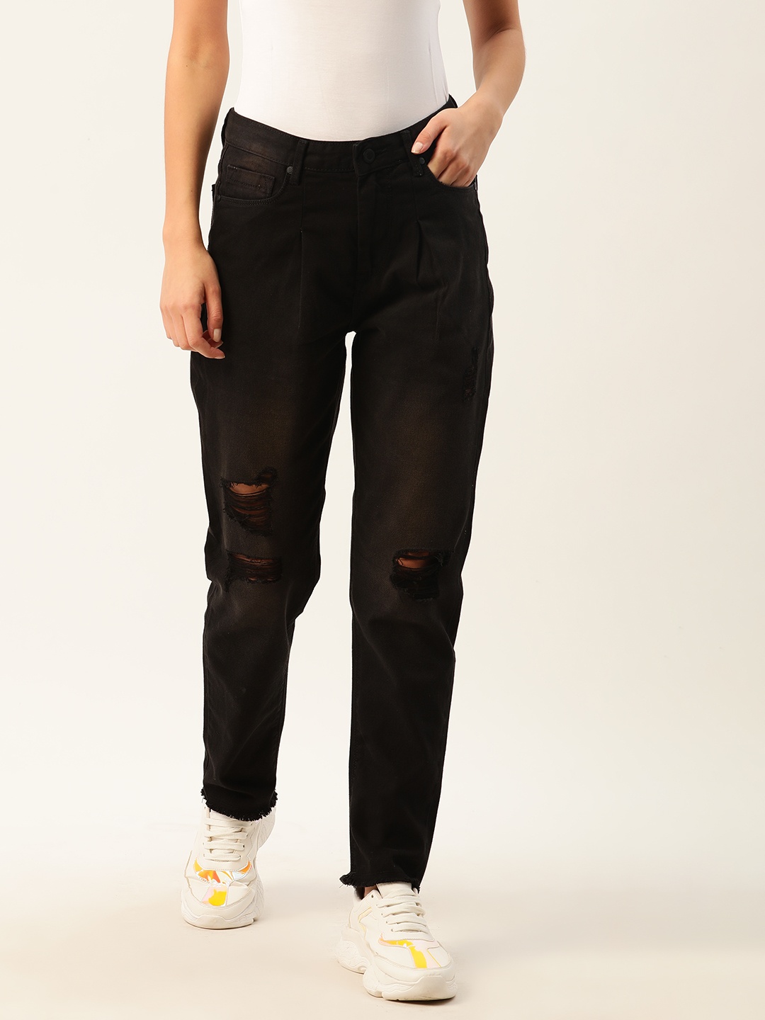 

Moda Rapido Women Charcoal Grey Distressed Pure Cotton Boyfriend Fit Jeans