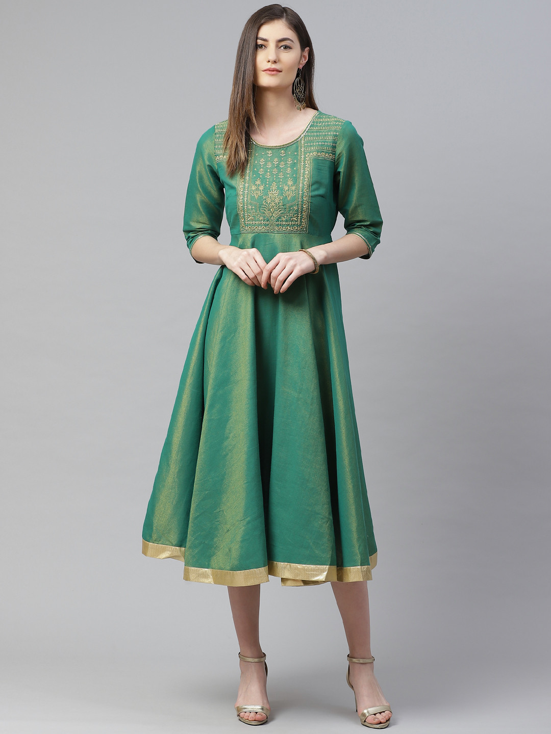 

AURELIA Green & Golden Embroidered Detail Shimmer A-Line Dress