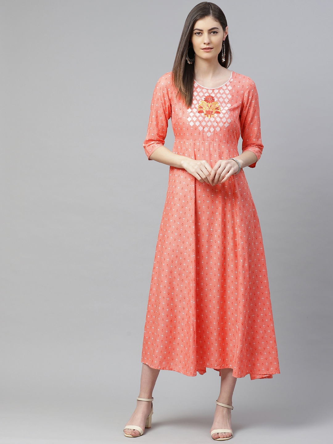 

AURELIA Women Peach-Coloured & White Printed Maxi Dress