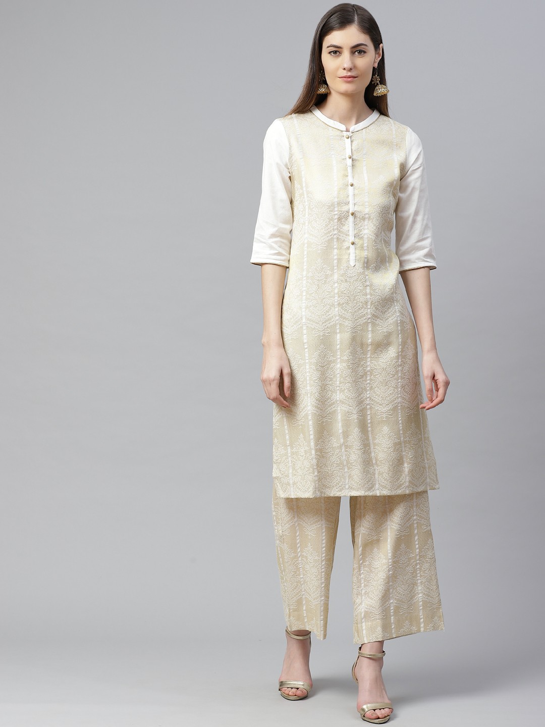 

AURELIA Women Off-White & Golden Woven Design Kurta with Palazzos