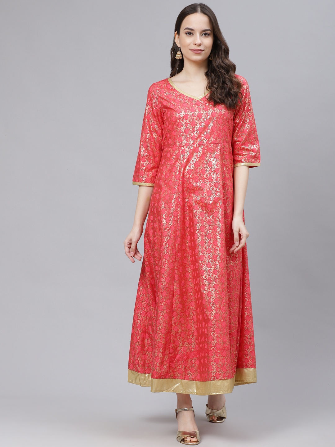 

AURELIA Coral Pink & Golden Ethnic Motifs A-Line Maxi Dress