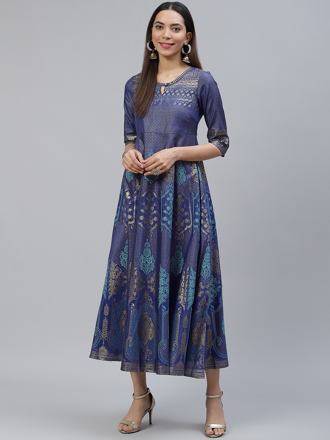 

AURELIA Blue & Golden Ethnic Motifs Printed Maxi Dress