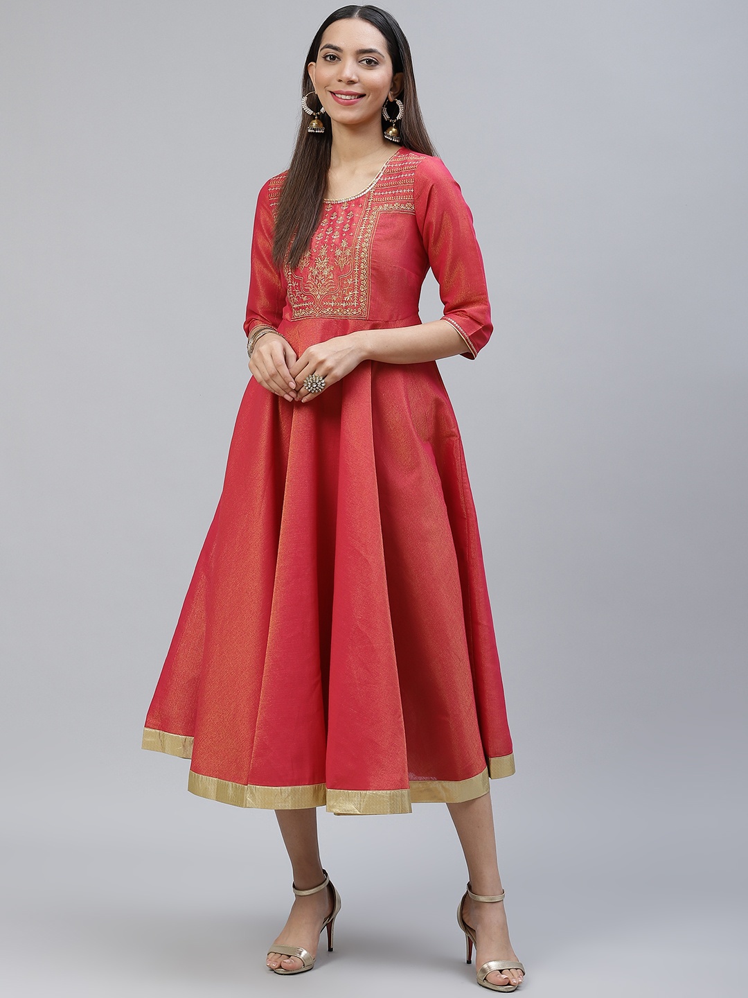 

AURELIA Women Red & Golden Embroidered Detail Shimmer A-Line Dress