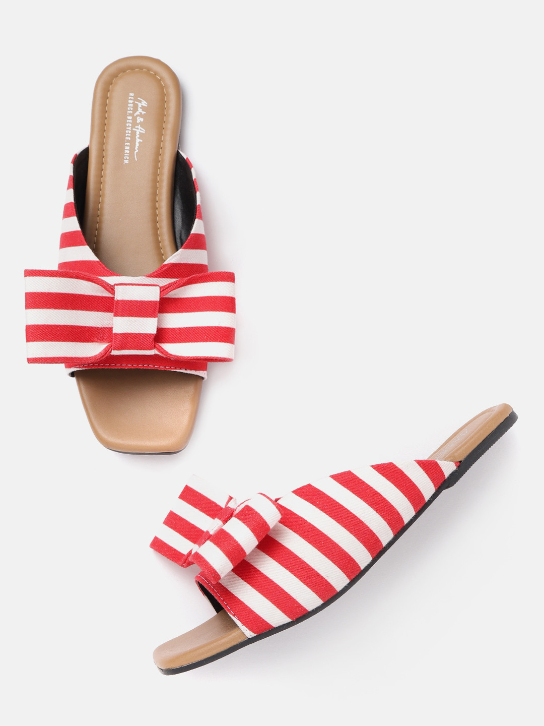 

Mast & Harbour Women Red & White Striped Mules with Bows