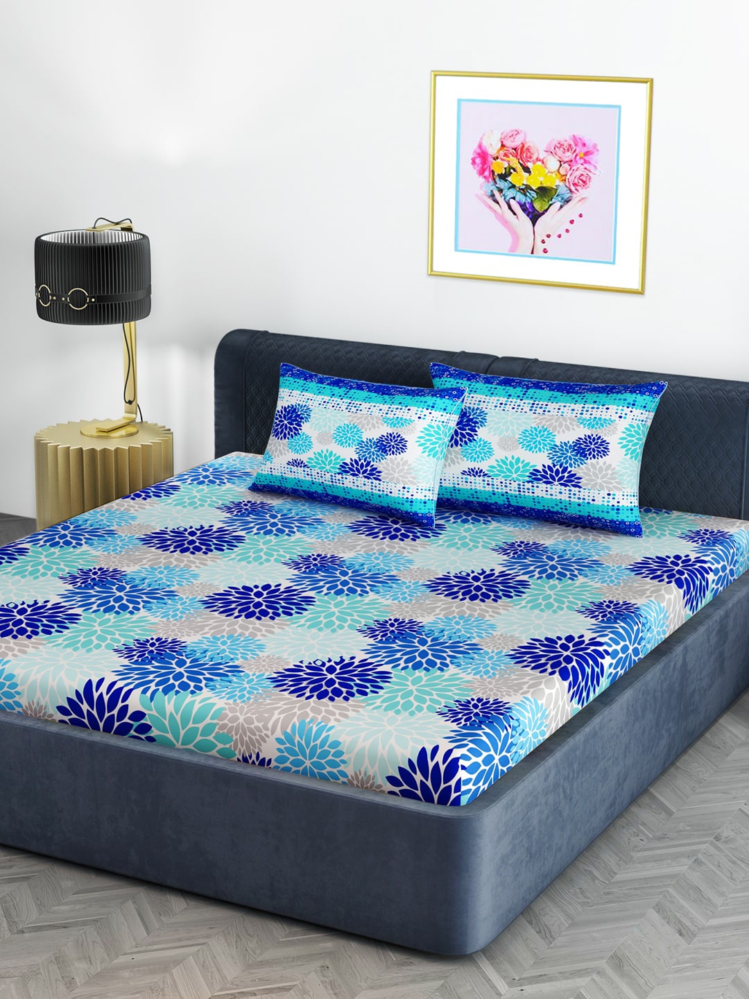 

Divine Casa Blue & Grey Floral 120 TC King Bedsheet with 2 Pillow Covers