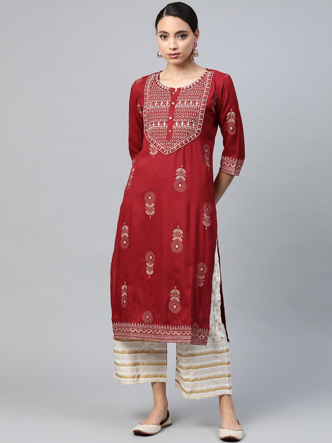 

Anubhutee Women Maroon & White Ethnic Motifs Print Kurta with Palazzos