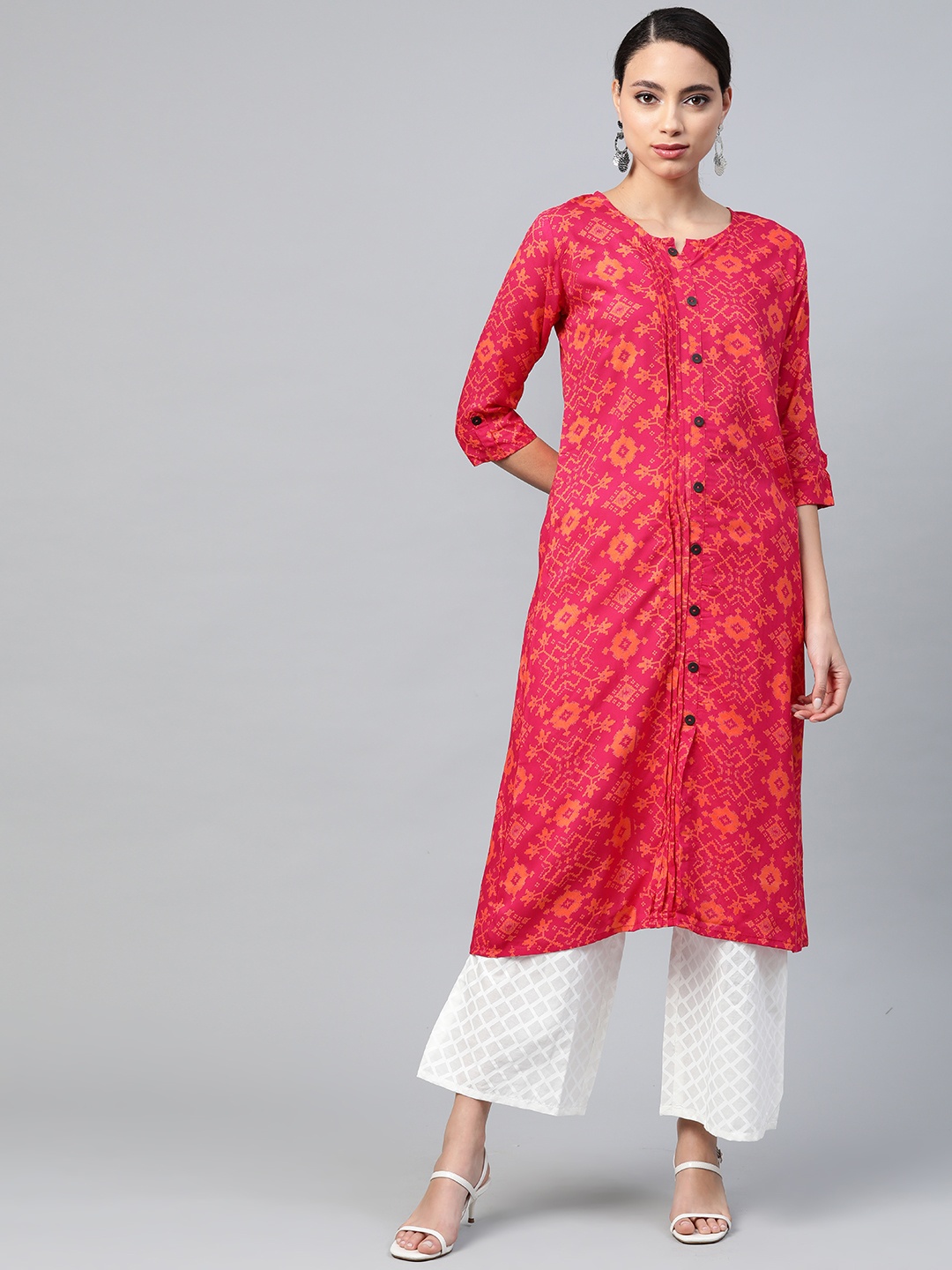 

Anubhutee Women Pink & White Ethnic Motifs Print Kurta with Checked Palazzos