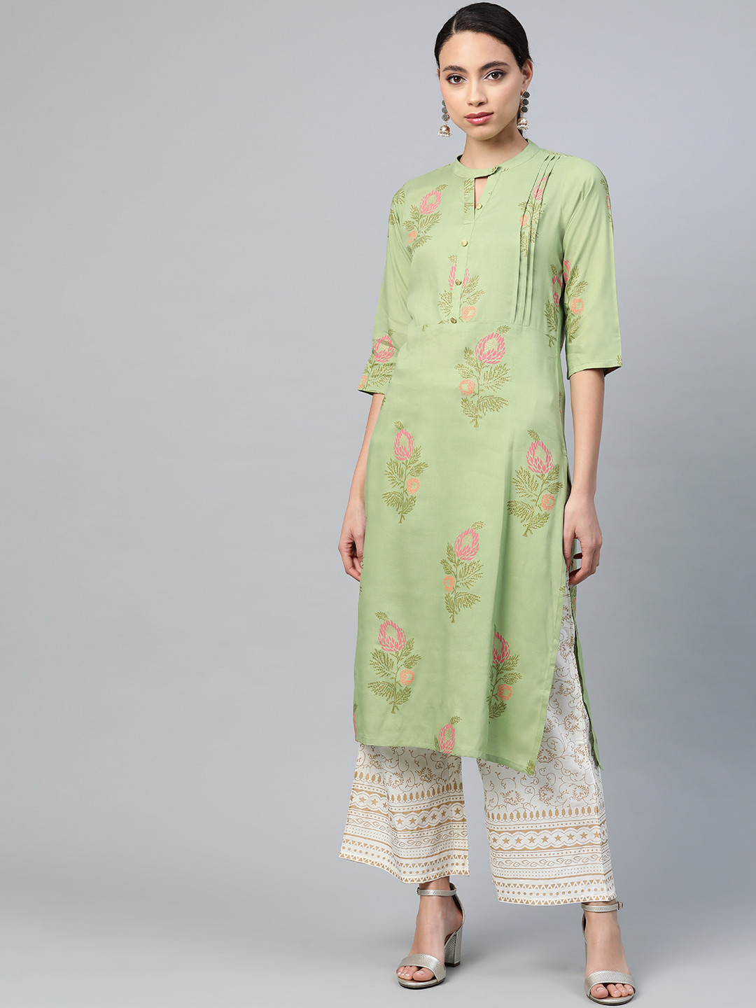

Anubhutee Women Green & White Ethnic Motifs Print Kurta with Palazzos