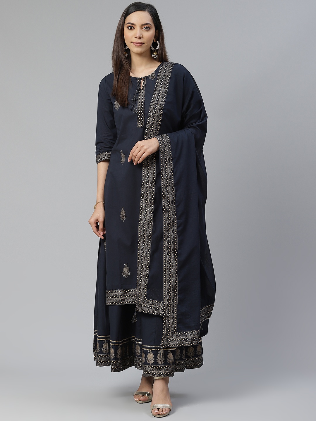 

Yuris Women Navy Blue & Golden Pure Cotton Printed Kurta with Palazzos & Dupatta